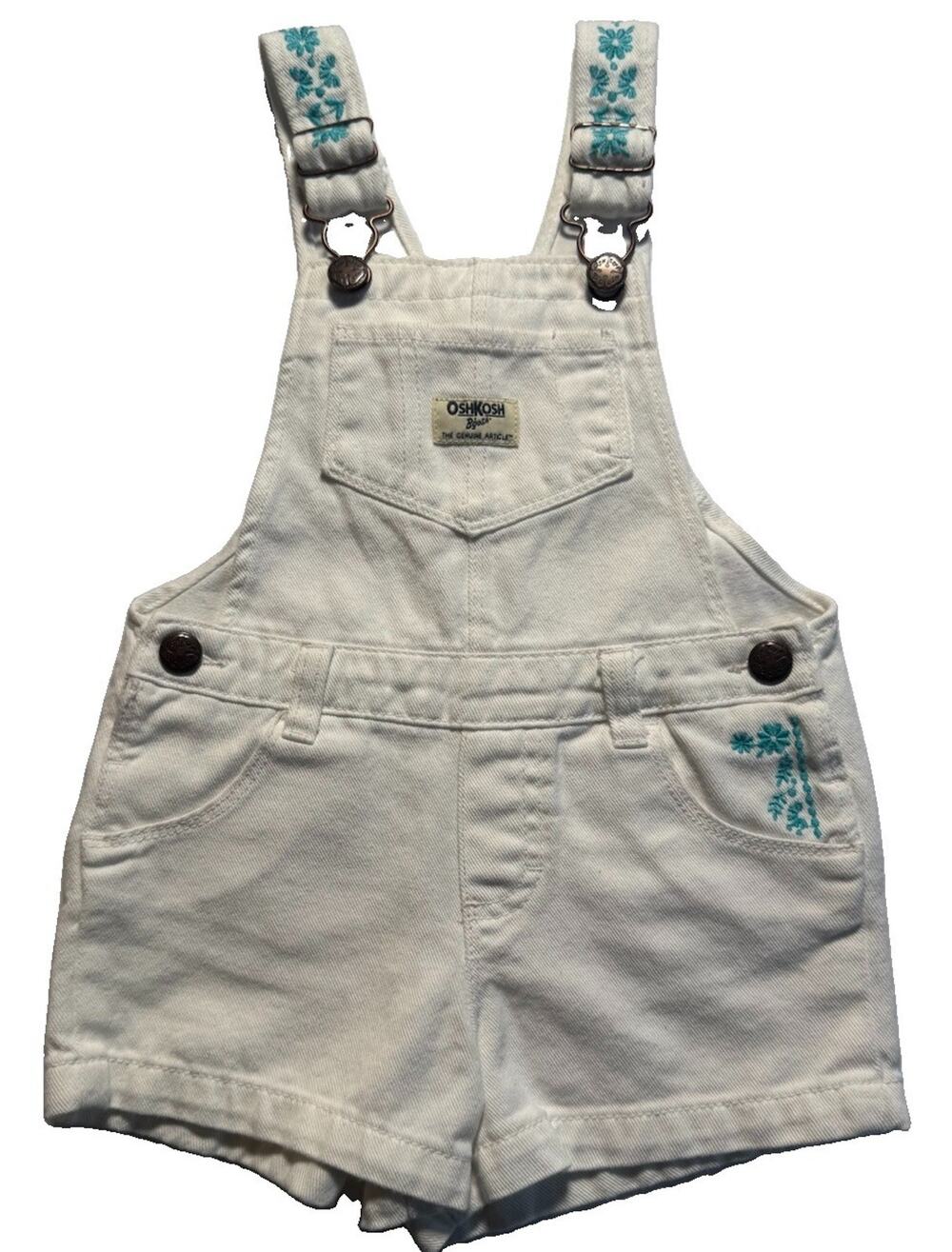OshKosh B’gosh Girls White Denim Shortalls Floral Embroidered 3T Overalls